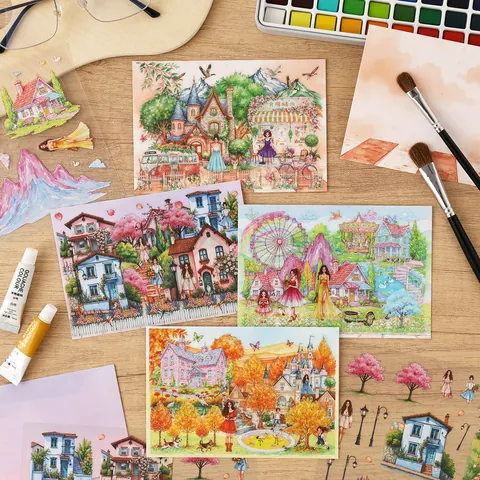 Serie Flower Garden Tour Misty Mountainscape Adesivi Impermeabili in PET per Scrapbooking DIY Diario Adesivi Decorativi