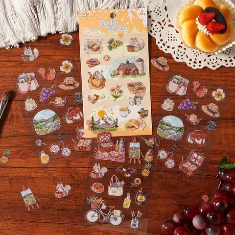 Juego de Pegatinas de PET Vintage Para Scrapbooking Decoración de Diario DIY Pegatinas de Ilustración Dibujadas a Mano Impermeables Temas Comida Flores Estrellas