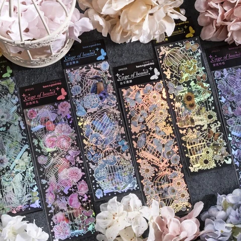 Vintage Laser Silver PET Stickers Birds Butterfly Birdcage Holographic Decorative Decals For Scrapbooking Journaling DIY Crafts
