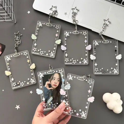 Llavero Portatarjetas de Fotos de Acrílico Transparente con Estrellas y Alas de ángel para Protección de Tarjetas de Fotos Estuche ID Estudiante