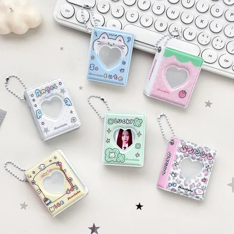 Mini Portatarjetas de Fotos de PVC con Corazón Calado Estilo Coreano Libro de Colección con Colgante de Cadena de Bolas