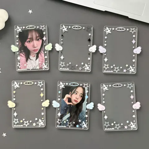 Llavero Portatarjetas de Fotos de Acrílico Transparente con Estrellas y Alas de ángel para Protección de Tarjetas de Fotos Estuche ID Estudiante
