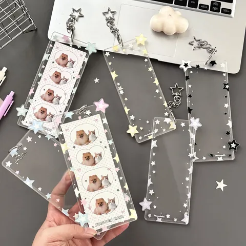 Star Print Acrylic Card Holder With Star Shaped Metal Hook Clear Photo Sleeve Keychain For Idol Cards Pet Photos Women Girls