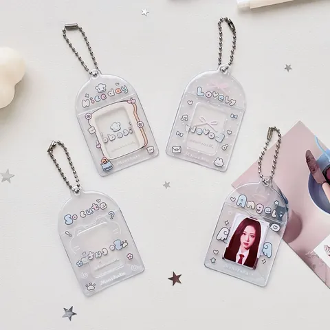 Porte-cartes Transparent en PVC Mignon Porte-clés Étui de Protection Mini Support Photo Avec Chaîne Métallique Pour Femmes Étudiant
