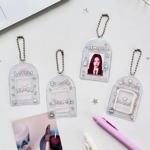 Porte-cartes Transparent en PVC Mignon Porte-clés Étui de Protection Mini Support Photo Avec Chaîne Métallique Pour Femmes Étudiant