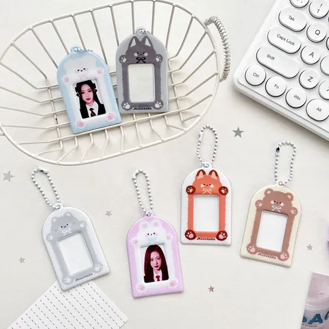 Linda Funda de Tarjeta de PVC con Animales de Dibujos Animados Soporte para Fotos de 1 Pulgada con Cadena de Bolas para Niños