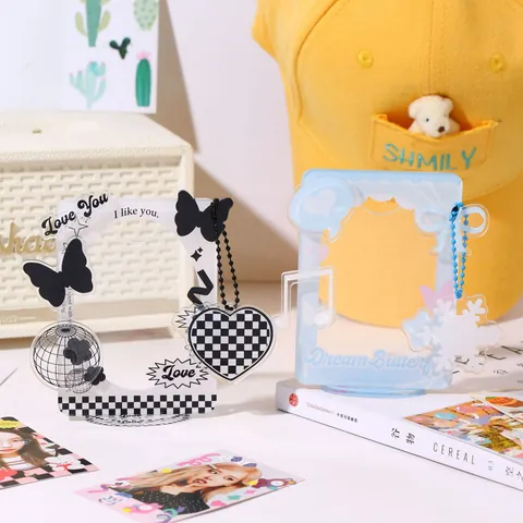 Acrylic Small Card Display Stand Pink Blue Butterfly Heart Checkerboard Photo Frame Card Holder With Base Bead Chain Desktop Decor For K-pop Photo Cards