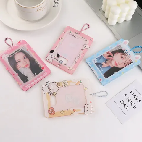 Cartoon Acrylic Photocard Holder With Bead Chain Kawaii Animal Photo Protector Transparent Sleeve For School ID Card Decoration