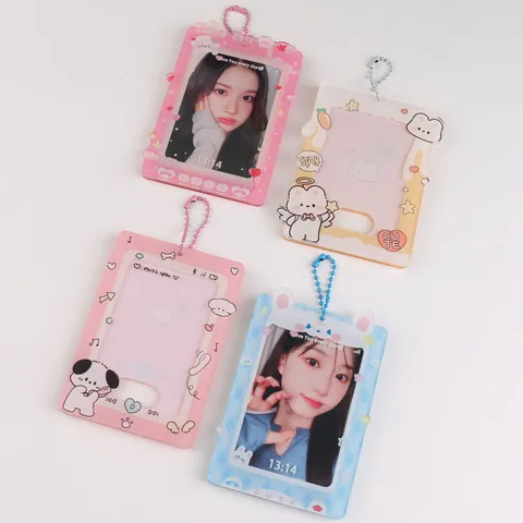 Cartoon Acrylic Photocard Holder With Bead Chain Kawaii Animal Photo Protector Transparent Sleeve For School ID Card Decoration