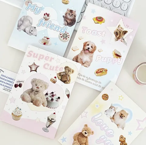 Amerikaanse Y2K Cartoon Gevouwen Wenskaarten Schattige Dieren Dessert Macaron Kleur Berichtkaarten Voor Verjaardagsfeest Cadeau