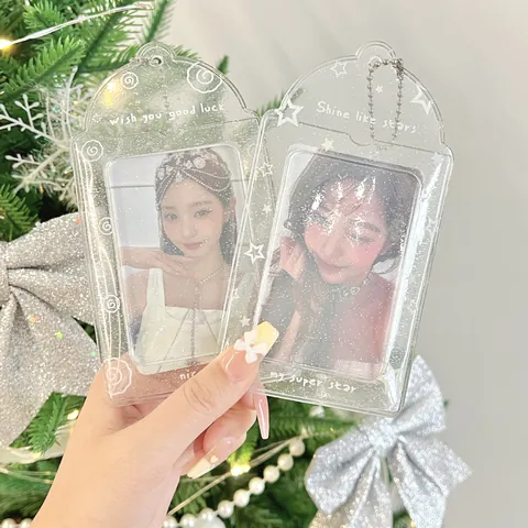 Transparent Glitter PVC Card Holder Metal Ball Chain Star Heart Print Photocard Sleeve For Student Kpop Fan Id Protector