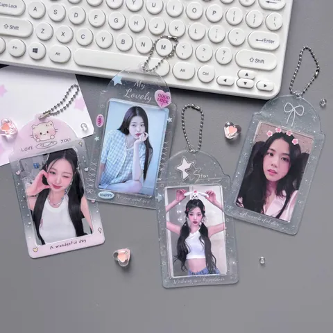 Transparent Glitter PVC Photocard Holder Heart Cat Star Bow Design Photo Protector With Metal Bead Chain For Idol Cards Students Organization
