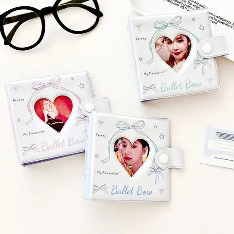 Álbum de Tarjetas Balletcore Lazo PVC Corazón Hueco Carpeta de Tres Anillas para Fotos Organizador Portátil
