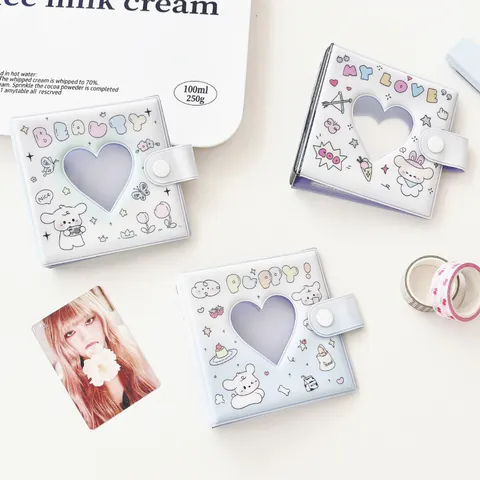 Mini Álbum de Fotos de Estilo Ins Coreano Porta Tarjetas Kpop Corazón Hueco Carpeta de Hojas Sueltas Diseño de Perro Gato Dibujos Animados Botón de Presión PVC