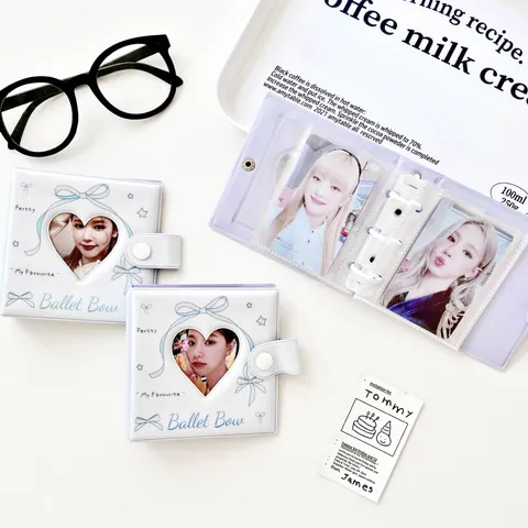 Álbum de Tarjetas Balletcore Lazo PVC Corazón Hueco Carpeta de Tres Anillas para Fotos Organizador Portátil