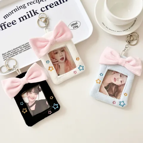 Cute Plush Bowknot Photocard Holder Star Embroidery Idol Photo Card Sleeve With Metal Keychain Decorative Plushie Bag Pendant