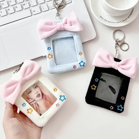 Cute Plush Bowknot Photocard Holder Star Embroidery Idol Photo Card Sleeve With Metal Keychain Decorative Plushie Bag Pendant