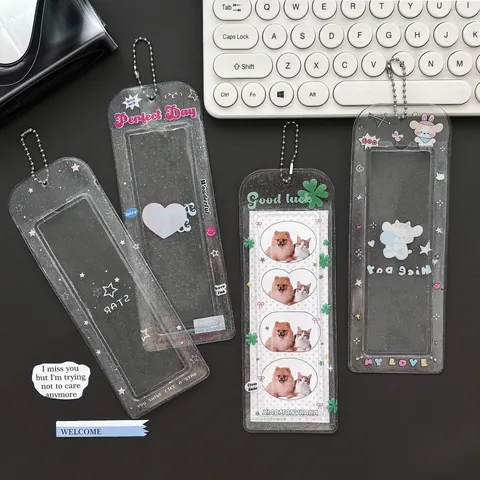 Portatarjetas de PVC Transparente con Purpurina con Cadena de Metal Trébol Estrella Funda para Fotos de Ídolos para Escuela Oficina