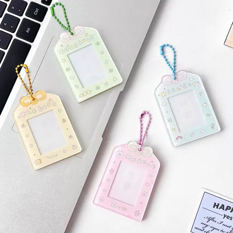 Funda de Acrílico Linda para Tarjetas Portatarjetas de Fotos Con Lazo y Cadena de Metal para Tarjetas de Identificación Autobús Patrón de Perrito Gato Colores Macaron Decoración de Escritorio