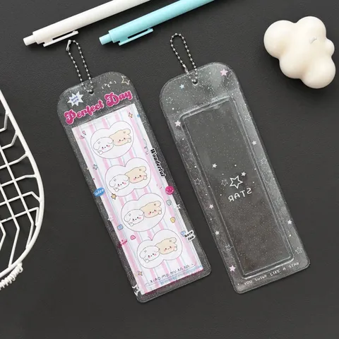 Portatarjetas de PVC Transparente con Purpurina con Cadena de Metal Trébol Estrella Funda para Fotos de Ídolos para Escuela Oficina