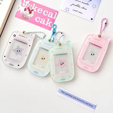 Retro Flip Phone Star Acrylic Keychain Magnetic Card Holder Photo Frame Pendant INS Style Y2K Bag Charm For Girls Student