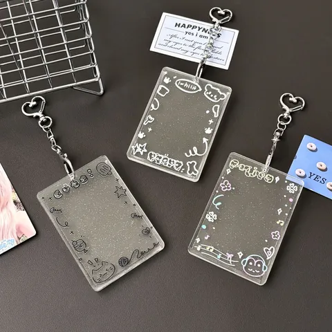 Ins Style Transparent Glitter Acrylic Card Holder With Heart Metal Clip For Photocard ID Card Student Cards Protective Sleeve