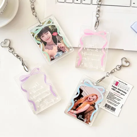 Clear Acrylic Photocard Holder With Bow Ribbon Print Heart Keychain Korean Ins Style Card Sleeve For Idol Photos ID Cards