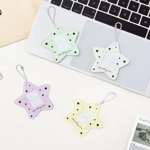 Ins Star Shaped Acrylic Photo Card Holder With Bead Chain Sparkling Stars Idol Card Protector Keychain For Students Fans
