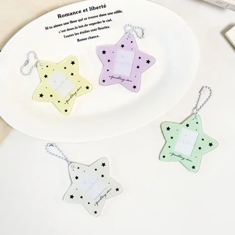 Ins Star Shaped Acrylic Photo Card Holder With Bead Chain Sparkling Stars Idol Card Protector Keychain For Students Fans