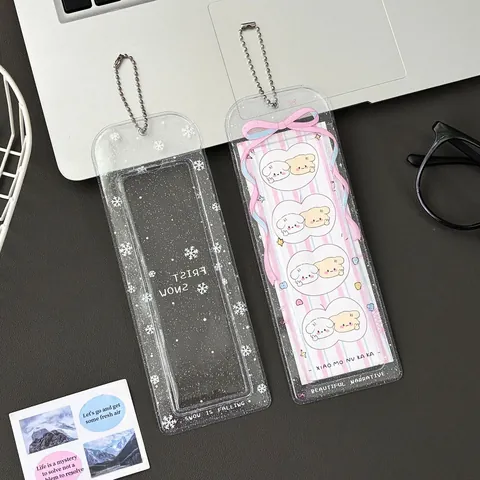 Glitter Transparent PVC Card Holder Photocard Protector Sleeve With Snowflake Bow Pattern Metal Bead Chain For Idol Photo Cards