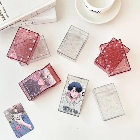 Glitter Transparent Plastic Card Storage Box Flip Top Desktop Organizer For Photocards Postcards Stars Bow Heart Design