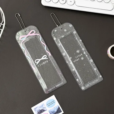 Glitter Transparent PVC Card Holder Photocard Protector Sleeve With Snowflake Bow Pattern Metal Bead Chain For Idol Photo Cards