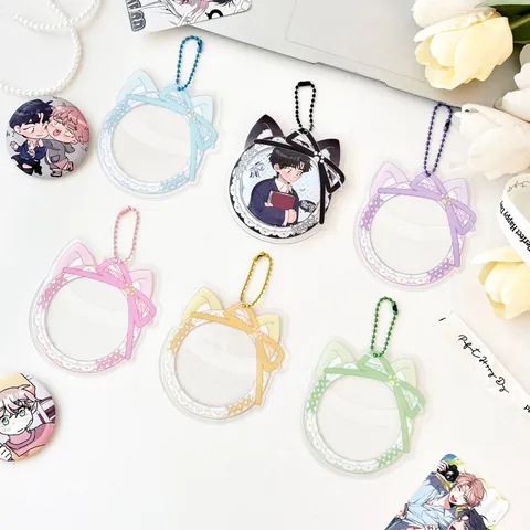 Cute Cat Ear Acrylic Badge Holder Sleeve With Bow Lace Trim Decorative Photocard Display Frame For Bag Charm Anime Fans