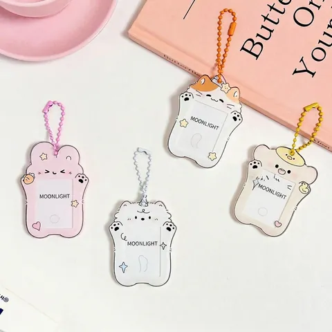 Portatarjetas de Identidad de Acrílico de Animales de Dibujos Animados Lindo Perro Gato Conejo Funda Protectora con Cadena de Metal