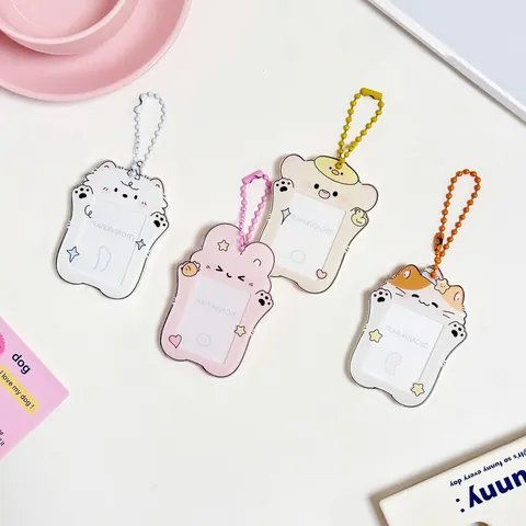 Portatarjetas de Identidad de Acrílico de Animales de Dibujos Animados Lindo Perro Gato Conejo Funda Protectora con Cadena de Metal