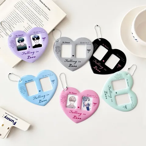 Ins Stijl Hartvorm Dubbele Sleuf Fotokaarthouder PVC Kaarthouder Met Kogelketting Voor Idol Fotokaart Opslag Tas Hanger