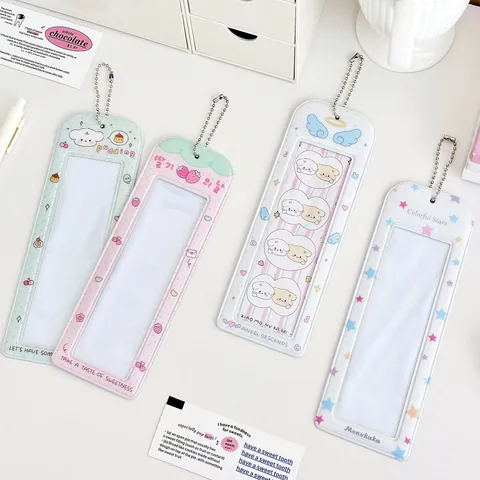 Mignonne Pochette Photo en PVC Dessin Animé Avec Chaîne à Perles Fenêtre Transparente Motifs Ailes d'Ange Fraise Étoiles Fournitures Scolaires