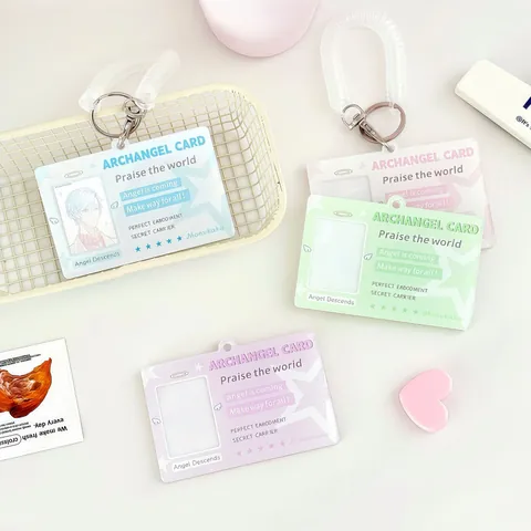 Acrylic Angel Wing Card Holder With Spring Keychain Star Printed ID Photo Protector For Students Women Cute Kawaii Accessory