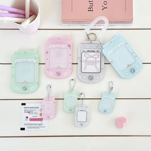 Retro Flip Phone Shape Acrylic Photocard Holder Y2K Kawaii Card Sleeve With Keychain For School ID Card Photo Protector