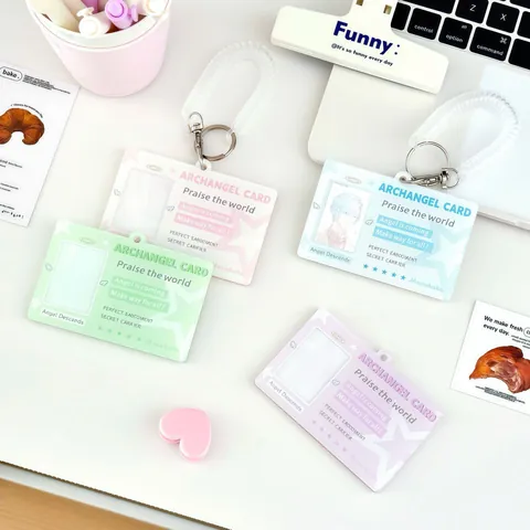 Acrylic Angel Wing Card Holder With Spring Keychain Star Printed ID Photo Protector For Students Women Cute Kawaii Accessory