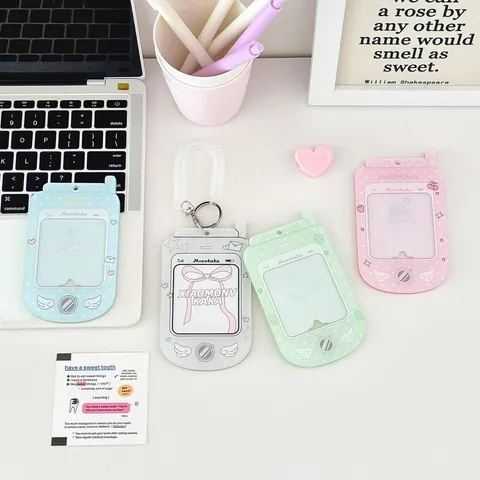 Retro Flip Phone Shape Acrylic Photocard Holder Y2K Kawaii Card Sleeve With Keychain For School ID Card Photo Protector