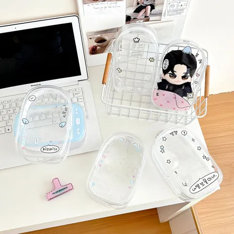 Transparent PVC Doll Storage Bag Crossbody Pouch For Plush Toy Display Zip Closure Portable Travel Organizer Handbag Cartoon Print