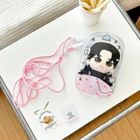 Transparent PVC Doll Storage Bag Crossbody Pouch For Plush Toy Display Zip Closure Portable Travel Organizer Handbag Cartoon Print