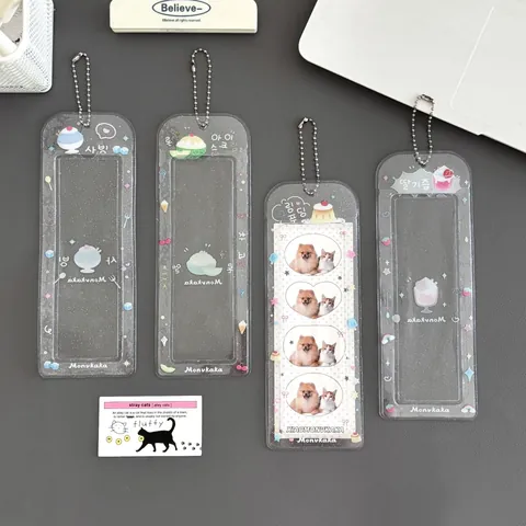 Étui à Cartes en PVC Transparent Pailleté Avec Chaîne à Billes en Métal Dessin Animé Dessert Porte-Photo Idole à Quatre Grilles