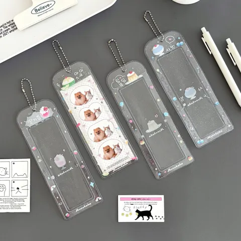 Étui à Cartes en PVC Transparent Pailleté Avec Chaîne à Billes en Métal Dessin Animé Dessert Porte-Photo Idole à Quatre Grilles