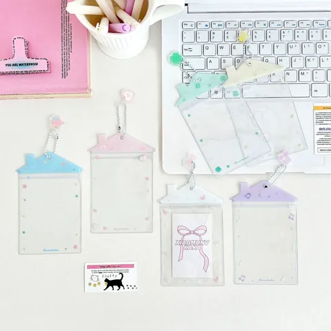 House Shaped Transparent PVC Card Holder Cartoon Photocard Sleeve Protector With Metal Bead Chain And Acrylic Charms