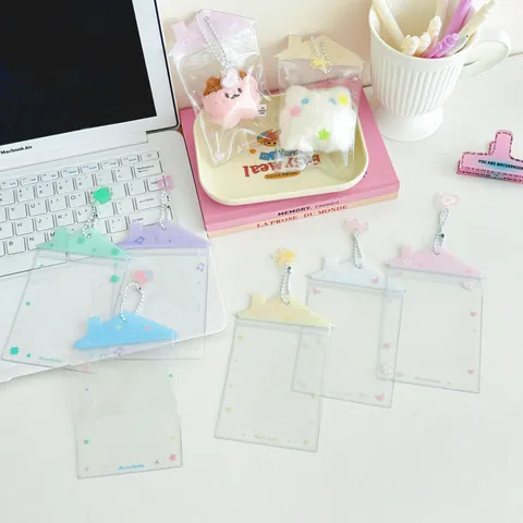 House Shaped Transparent PVC Card Holder Cartoon Photocard Sleeve Protector With Metal Bead Chain And Acrylic Charms