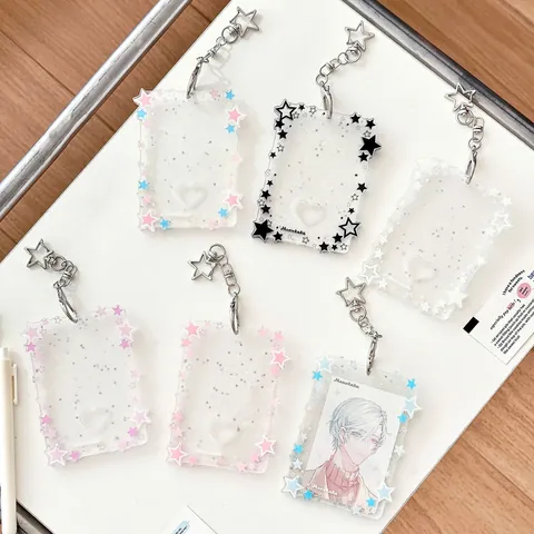 Acrylic Glitter Star Photocard Holder With Star Shaped Metal Keychain Heart Cutout Idol Photo Card Protector Case