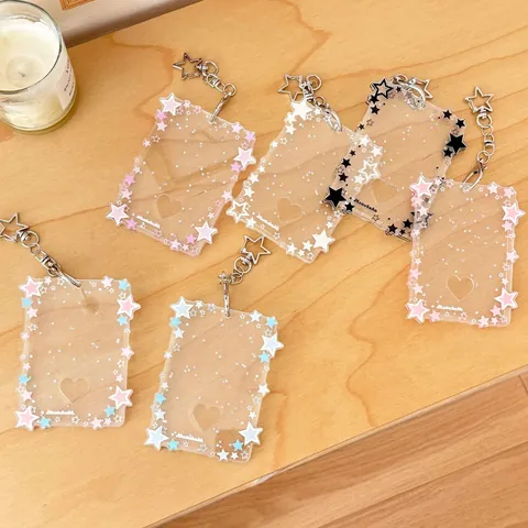 Acrylic Glitter Star Photocard Holder With Star Shaped Metal Keychain Heart Cutout Idol Photo Card Protector Case