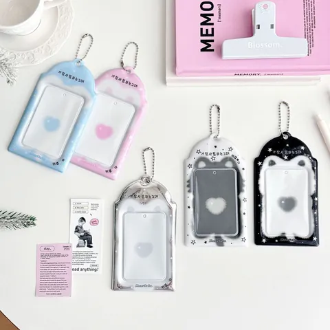 Ins Style PVC Idol Photocard Holder With Transparent Window Heart Star Pattern Card Protector With Metal Bead Chain